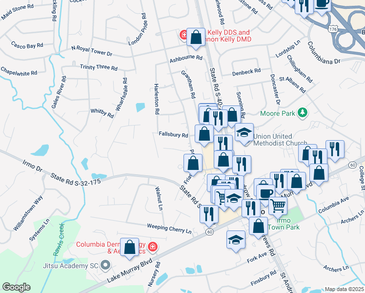 map of restaurants, bars, coffee shops, grocery stores, and more near 300 Friarsgate Court in Irmo