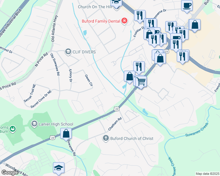 map of restaurants, bars, coffee shops, grocery stores, and more near 4353 White Oak Drive in Sugar Hill