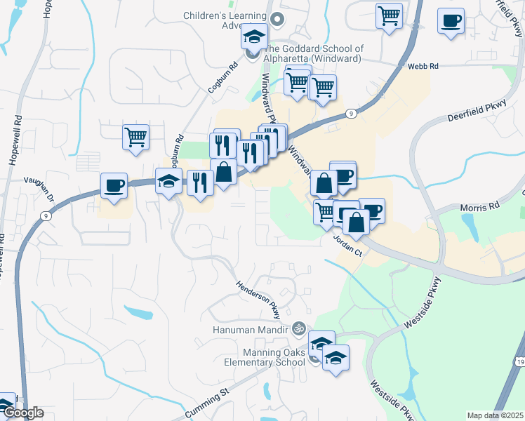 map of restaurants, bars, coffee shops, grocery stores, and more near 2691 Ashleigh Lane in Alpharetta