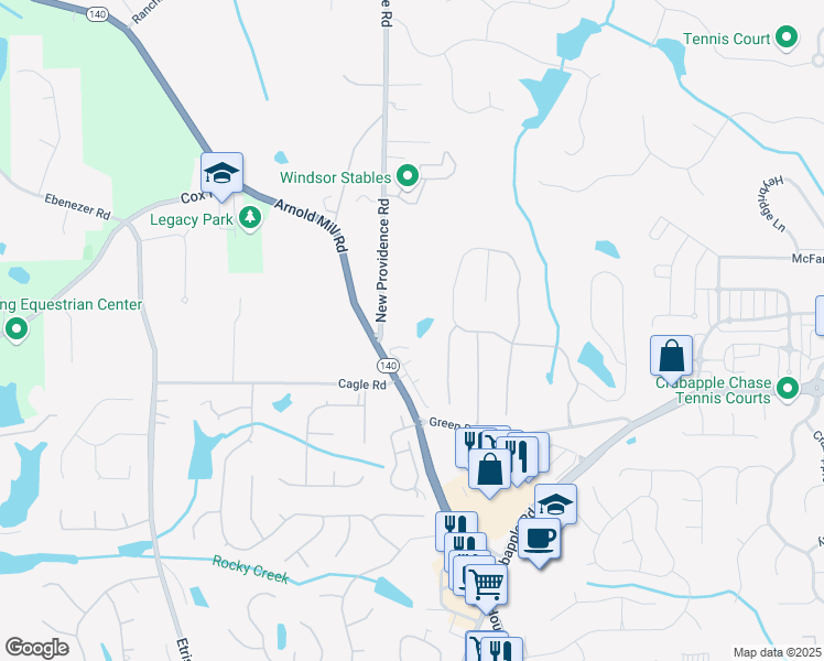 map of restaurants, bars, coffee shops, grocery stores, and more near 12655 New Providence Road in Alpharetta