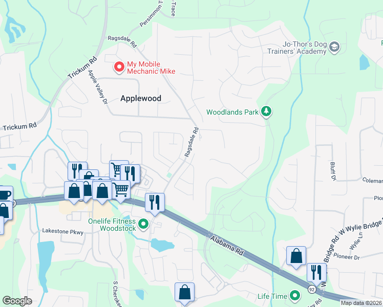 map of restaurants, bars, coffee shops, grocery stores, and more near 106 Cornerstone Place in Woodstock