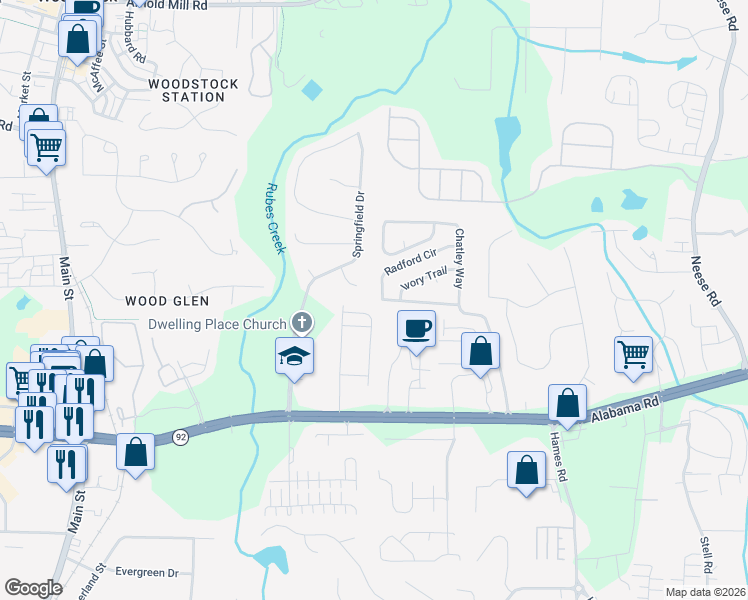 map of restaurants, bars, coffee shops, grocery stores, and more near 415 Village View in Woodstock