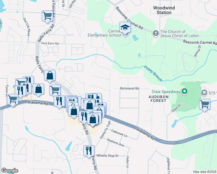 map of restaurants, bars, coffee shops, grocery stores, and more near 121 Hartwood Drive in Woodstock