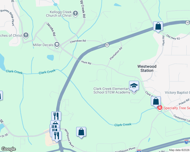 map of restaurants, bars, coffee shops, grocery stores, and more near 3342 Goodell Road in Acworth