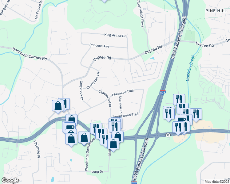 map of restaurants, bars, coffee shops, grocery stores, and more near 2015 Cherokee Trail in Woodstock