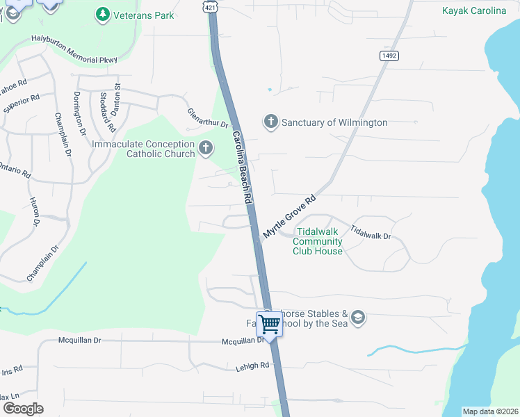map of restaurants, bars, coffee shops, grocery stores, and more near 6747 Carolina Beach Road in Wilmington