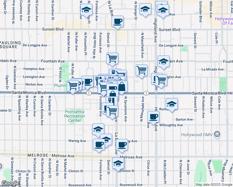 map of restaurants, bars, coffee shops, grocery stores, and more near 7101 Santa Monica Boulevard in West Hollywood