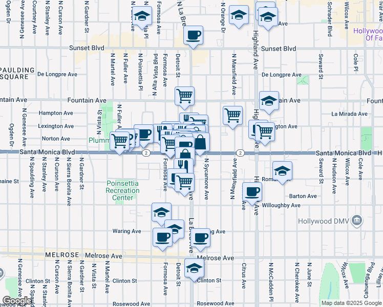 map of restaurants, bars, coffee shops, grocery stores, and more near Santa Monica Blvd & N La Brea Ave in West Hollywood