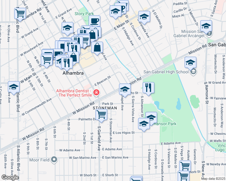 map of restaurants, bars, coffee shops, grocery stores, and more near 511 South Monterey Street in Alhambra
