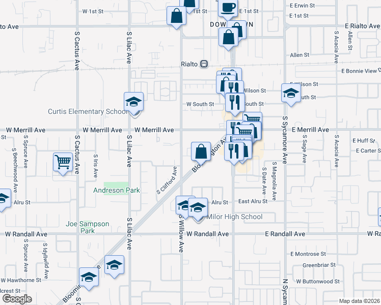 map of restaurants, bars, coffee shops, grocery stores, and more near 558 South Benjamin Street in Rialto