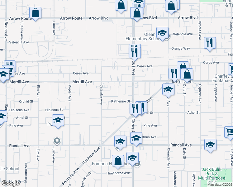 map of restaurants, bars, coffee shops, grocery stores, and more near 16007 Merrill Avenue in Fontana