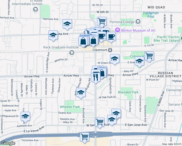 map of restaurants, bars, coffee shops, grocery stores, and more near 433 West Arrow Highway in Claremont