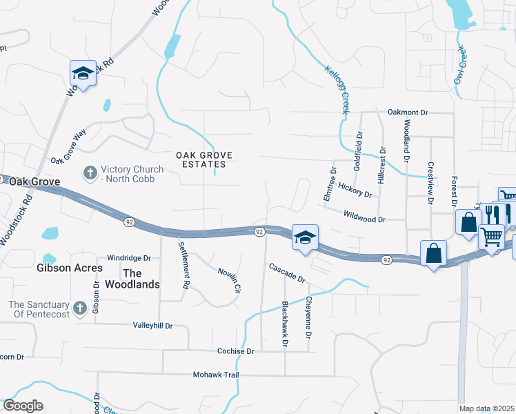 map of restaurants, bars, coffee shops, grocery stores, and more near 171 Bryon Road in Acworth