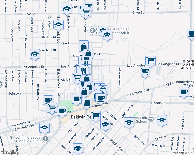map of restaurants, bars, coffee shops, grocery stores, and more near 14522 Clark Street in Baldwin Park