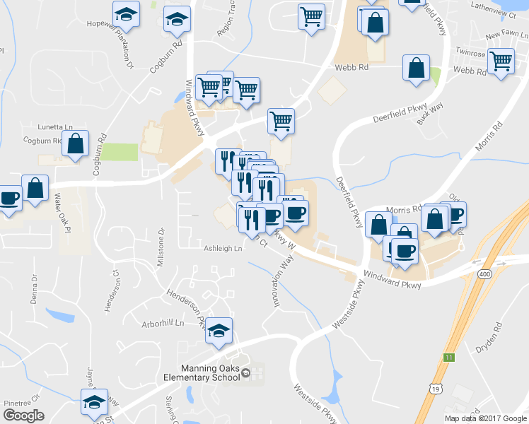 map of restaurants, bars, coffee shops, grocery stores, and more near 6195 Windward Pkwy in Alpharetta