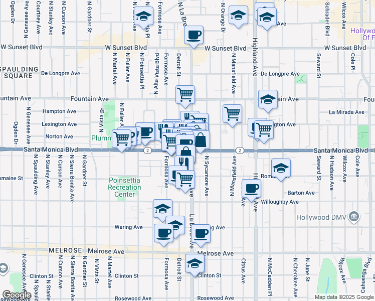 map of restaurants, bars, coffee shops, grocery stores, and more near 7111 Santa Monica Boulevard in Los Angeles