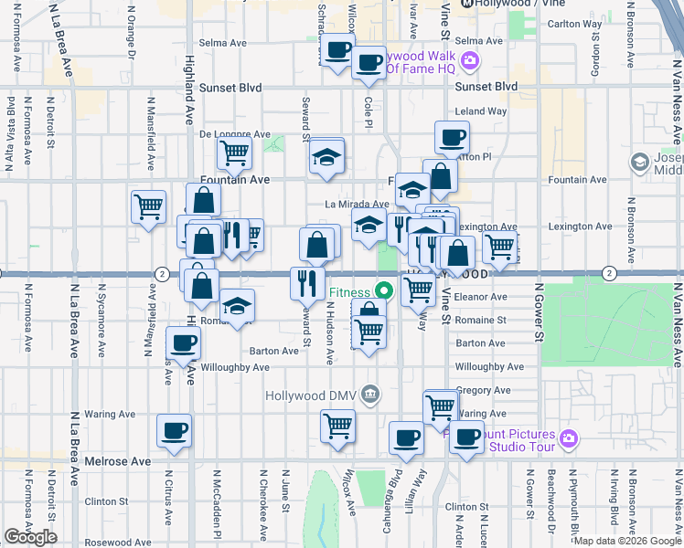 map of restaurants, bars, coffee shops, grocery stores, and more near Santa Monica Blvd & Wilcox Pl in Los Angeles