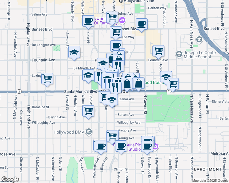 map of restaurants, bars, coffee shops, grocery stores, and more near in Los Angeles