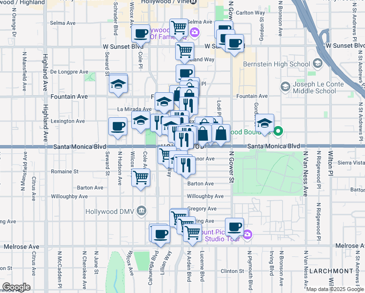 map of restaurants, bars, coffee shops, grocery stores, and more near 6040 Barton Avenue in Los Angeles