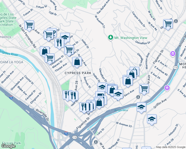 map of restaurants, bars, coffee shops, grocery stores, and more near 3343 Seymour Street in Los Angeles