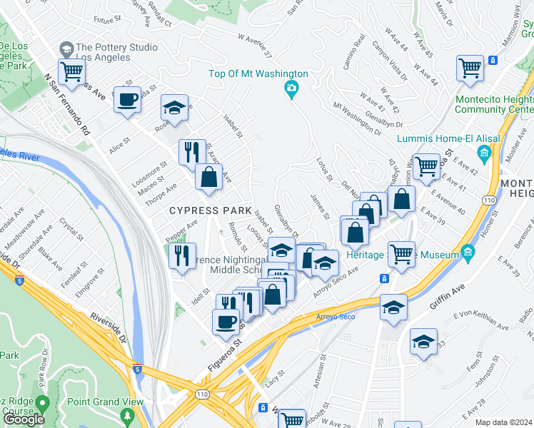 map of restaurants, bars, coffee shops, grocery stores, and more near 621 Isabel Street in Los Angeles