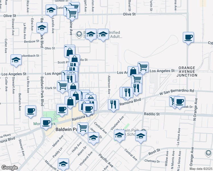 map of restaurants, bars, coffee shops, grocery stores, and more near 14733 Clark Street in Baldwin Park