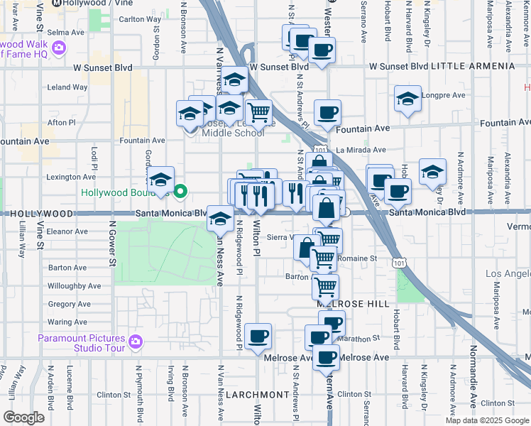 map of restaurants, bars, coffee shops, grocery stores, and more near 5648 Santa Monica Boulevard in Los Angeles