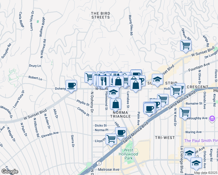 map of restaurants, bars, coffee shops, grocery stores, and more near 8961 Sunset Boulevard in West Hollywood