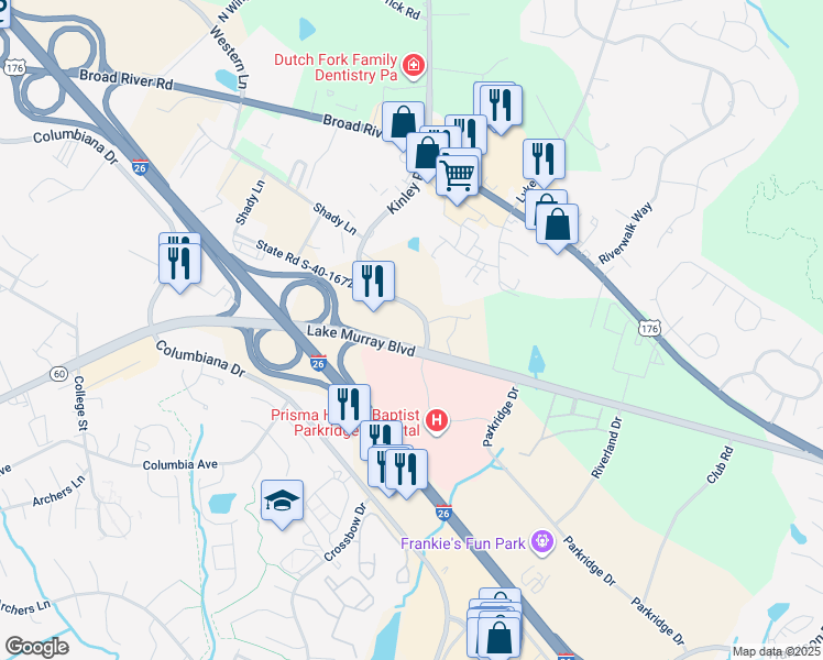 map of restaurants, bars, coffee shops, grocery stores, and more near 1170 Kinley Road in Irmo