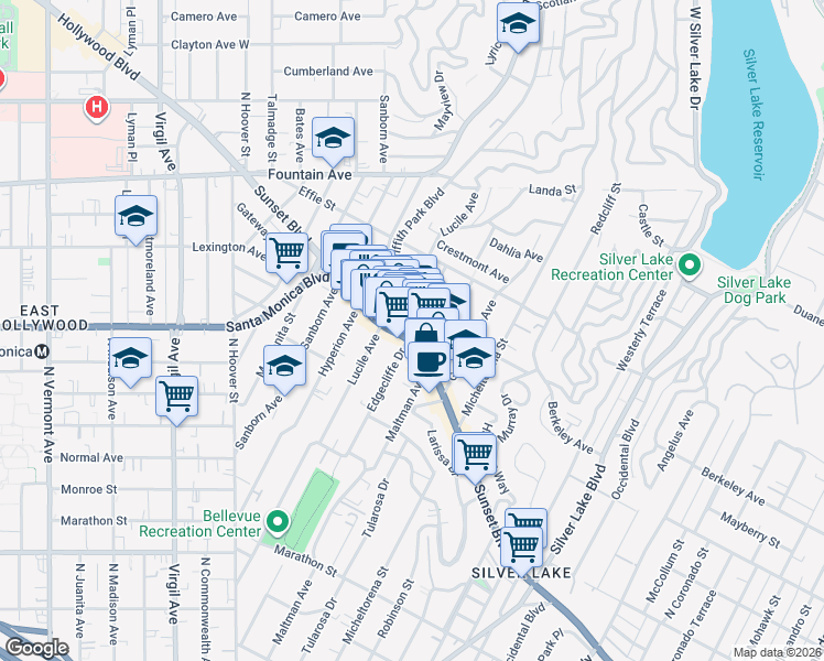 map of restaurants, bars, coffee shops, grocery stores, and more near Edgecliffe Drive in Los Angeles