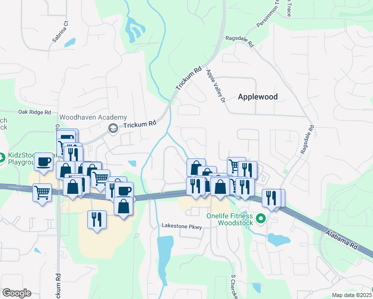 map of restaurants, bars, coffee shops, grocery stores, and more near 133 Weatherstone Drive in Woodstock