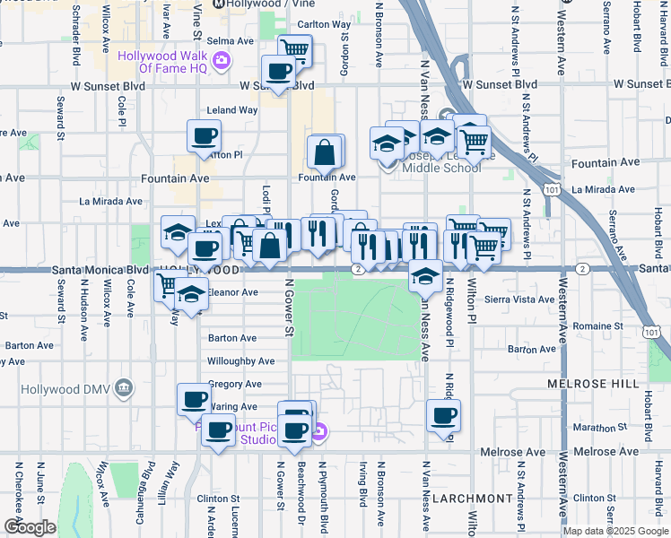 map of restaurants, bars, coffee shops, grocery stores, and more near 827 Gordon Street in Los Angeles