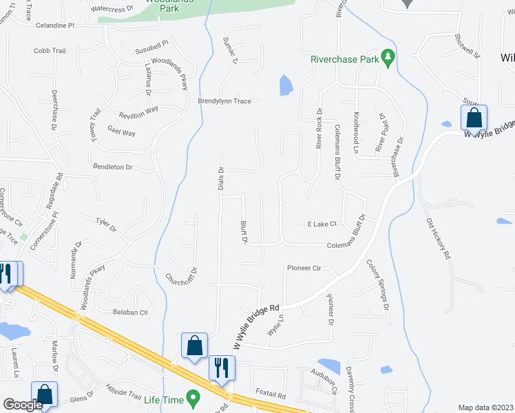 map of restaurants, bars, coffee shops, grocery stores, and more near 529 Bluff Court in Woodstock