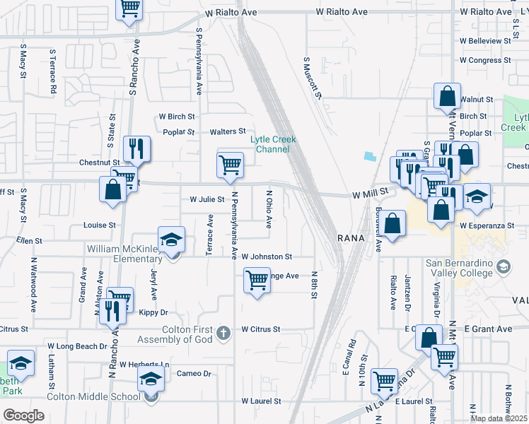 map of restaurants, bars, coffee shops, grocery stores, and more near 2007 North Ohio Avenue in Colton