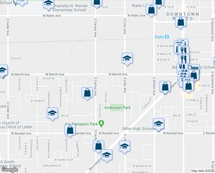 map of restaurants, bars, coffee shops, grocery stores, and more near 579 South Iris Avenue in Rialto