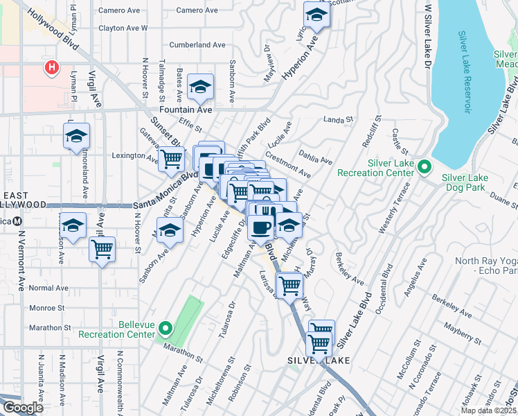 map of restaurants, bars, coffee shops, grocery stores, and more near 1533 1/2 Maltman Avenue in Los Angeles