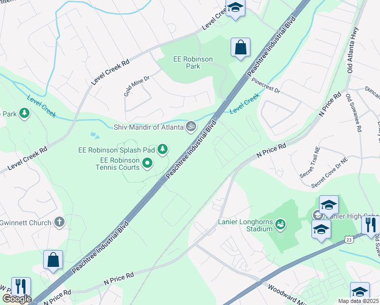 map of restaurants, bars, coffee shops, grocery stores, and more near 613 Peachtree Industrial Boulevard in Sugar Hill