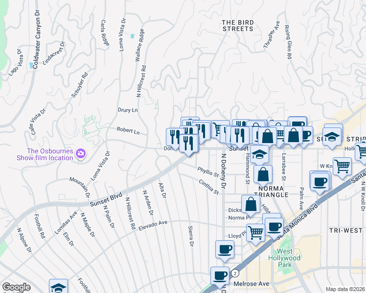 map of restaurants, bars, coffee shops, grocery stores, and more near 9243 Doheny Road in West Hollywood