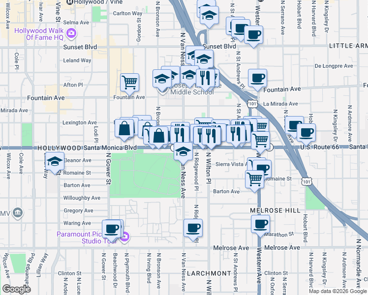 map of restaurants, bars, coffee shops, grocery stores, and more near Santa Monica Blvd & N Van Ness Ave in Los Angeles