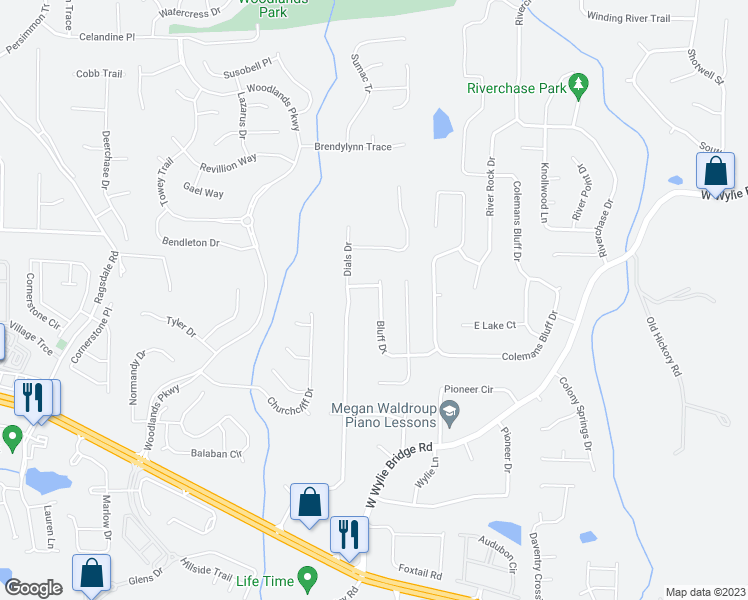 map of restaurants, bars, coffee shops, grocery stores, and more near 625 Bluff Drive in Woodstock