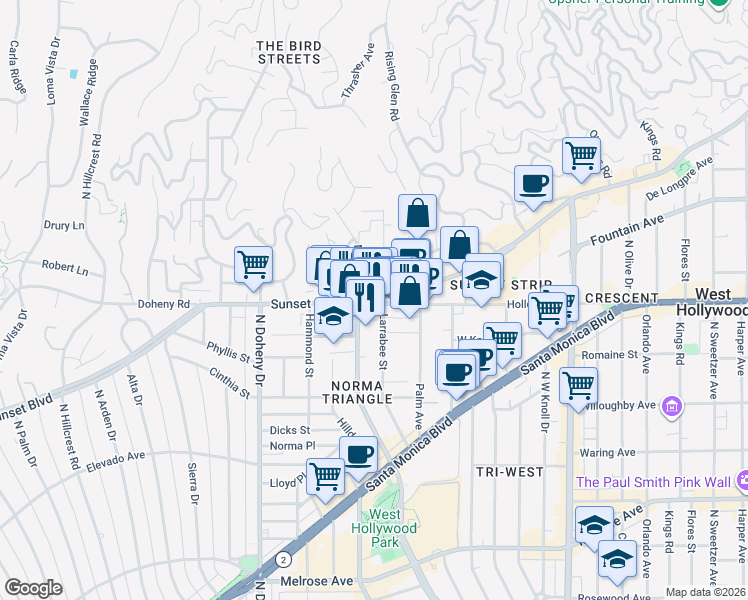 map of restaurants, bars, coffee shops, grocery stores, and more near 8859 W Sunset Blvd in West Hollywood