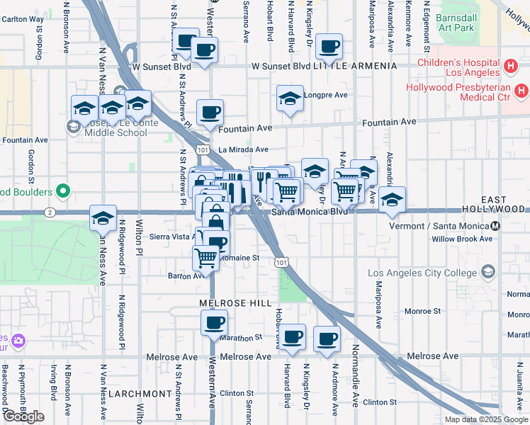 map of restaurants, bars, coffee shops, grocery stores, and more near Santa Monica Blvd & N Serrano Ave in Los Angeles