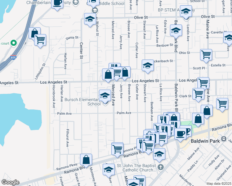 map of restaurants, bars, coffee shops, grocery stores, and more near 4318 Merced Avenue in Baldwin Park