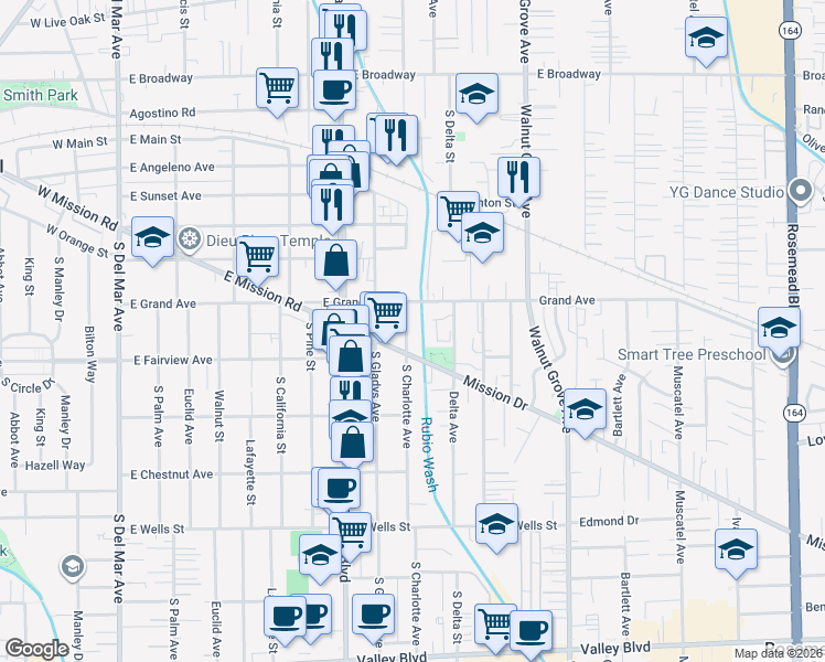 map of restaurants, bars, coffee shops, grocery stores, and more near in Rosemead