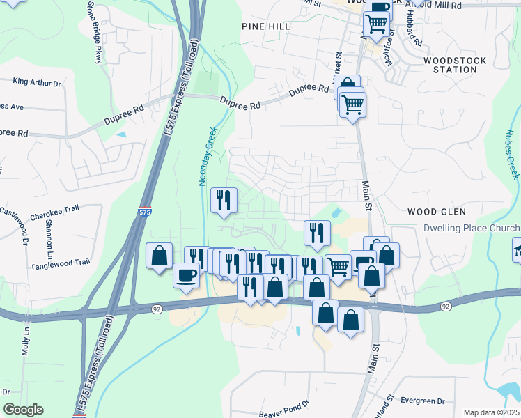map of restaurants, bars, coffee shops, grocery stores, and more near 603 Brashy Street in Woodstock
