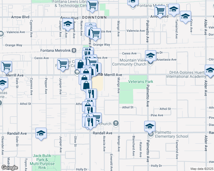 map of restaurants, bars, coffee shops, grocery stores, and more near 8997 Newport Avenue in Fontana