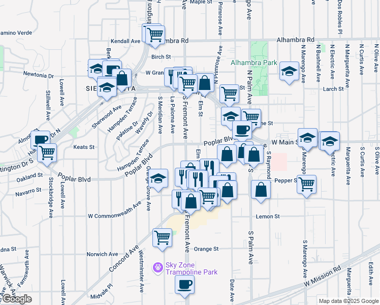 map of restaurants, bars, coffee shops, grocery stores, and more near 324 Fremont Avenue in Alhambra