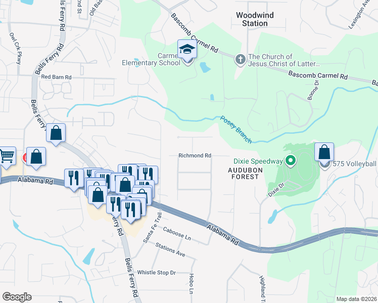 map of restaurants, bars, coffee shops, grocery stores, and more near 3044 Richmond Road in Woodstock