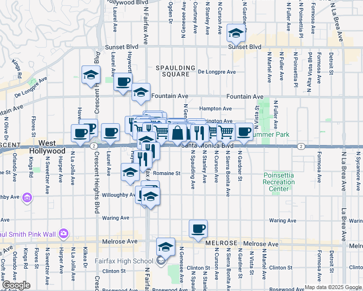 map of restaurants, bars, coffee shops, grocery stores, and more near Santa Monica Boulevard & North Genesee Avenue in West Hollywood