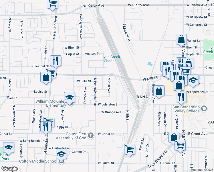 map of restaurants, bars, coffee shops, grocery stores, and more near 2007 North Ohio Avenue in Colton